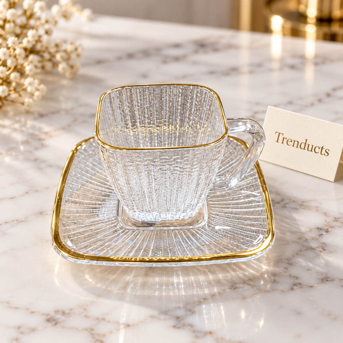 Ribbed Square Glass Cup and Saucer Set with Golden Rim - 6 Pcs