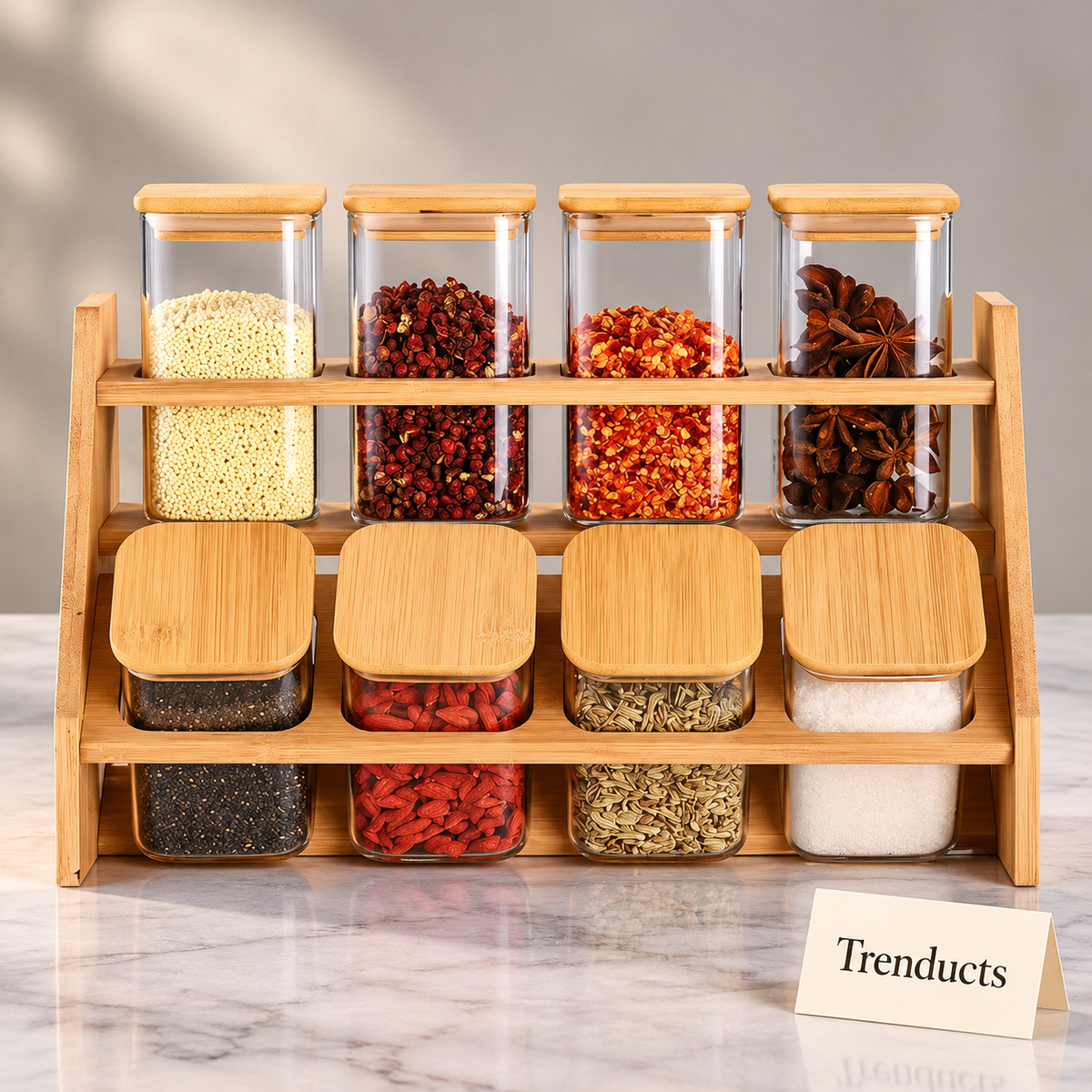 Premium Spice Jar Rack - 2 Tier Bamboo with 8 Square Glass Jars