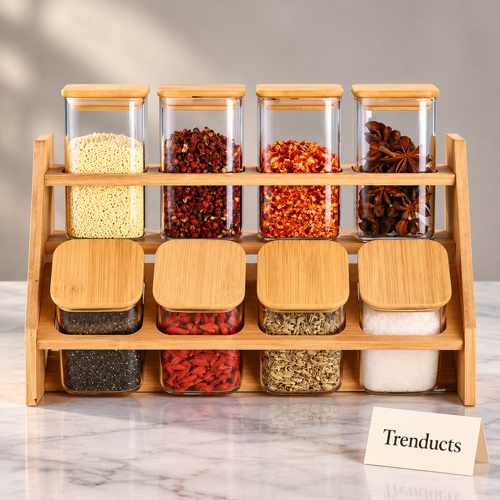 Premium Spice Jar Rack - 2 Tier Bamboo with 8 Square Glass Jars