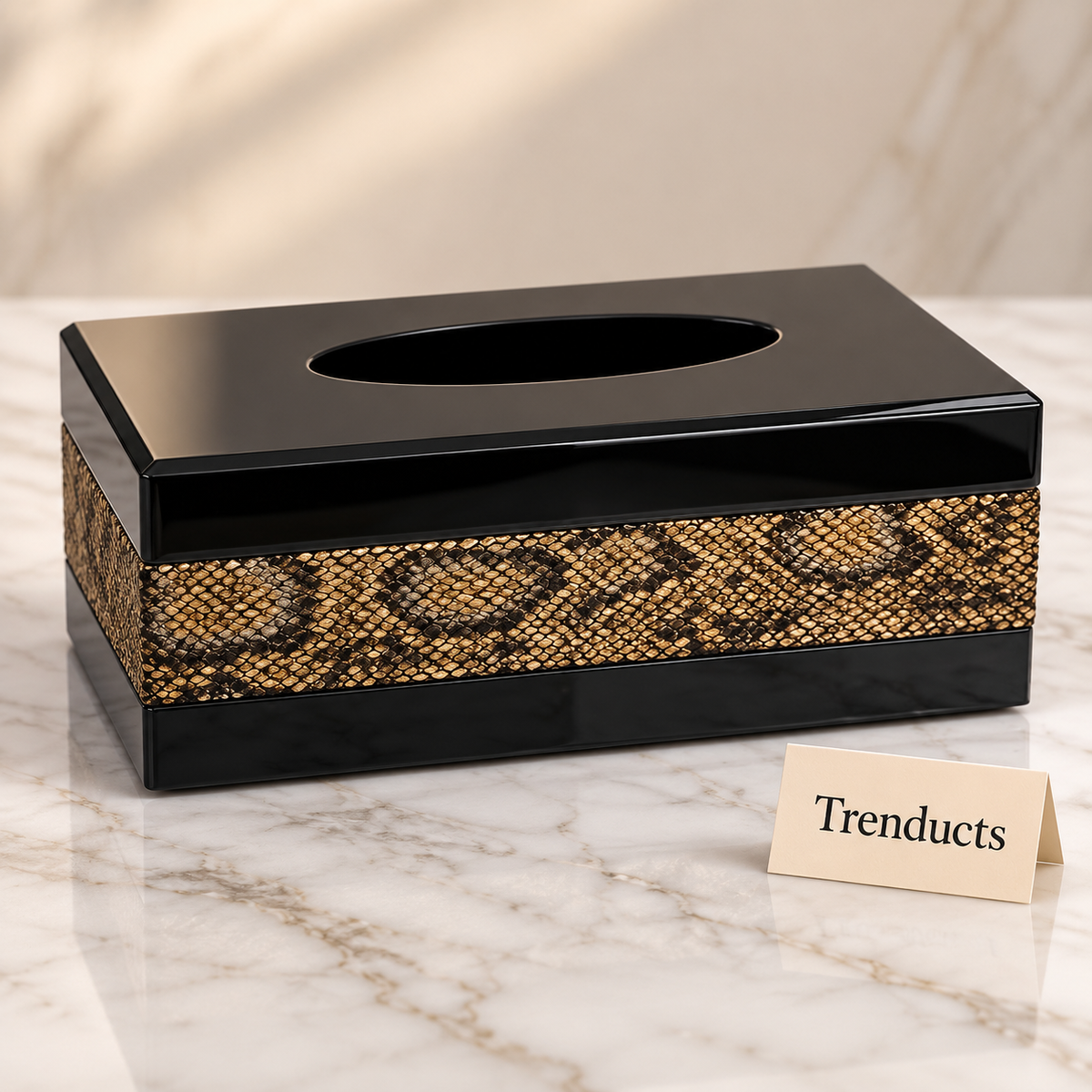 Luxury Tissue Box Cover - Black Glass with Gold Snakeskin Trim
