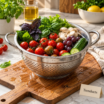 Stainless steel colander strainer filled with washed tomatoes on a kitchen counter - Trenducts