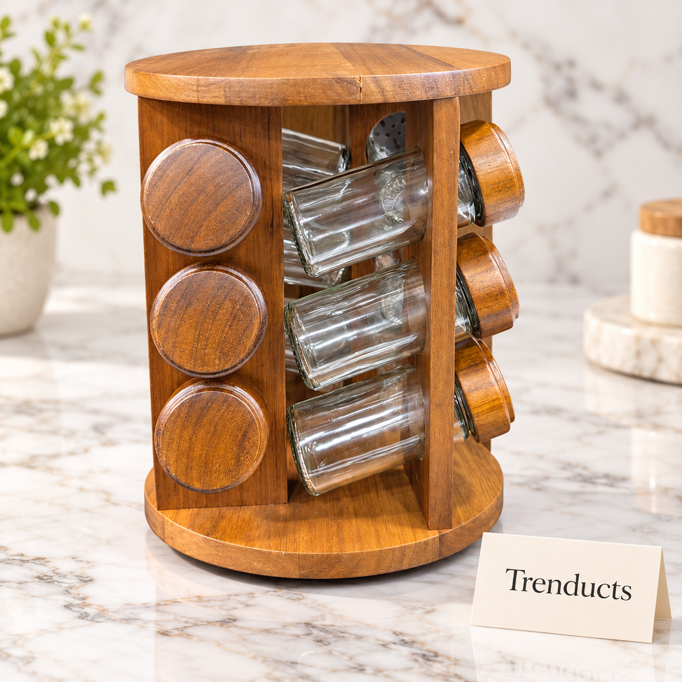 Revolving Wooden Spice Rack Tower with Glass Jars