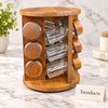 Revolving Wooden Spice Rack Tower with Glass Jars