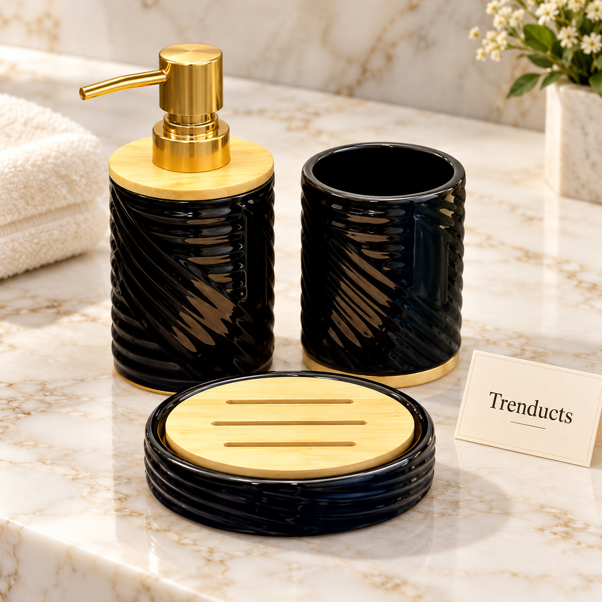 Brilliant Round Bathroom Set 3 Piece - Glossy Black Ribbed