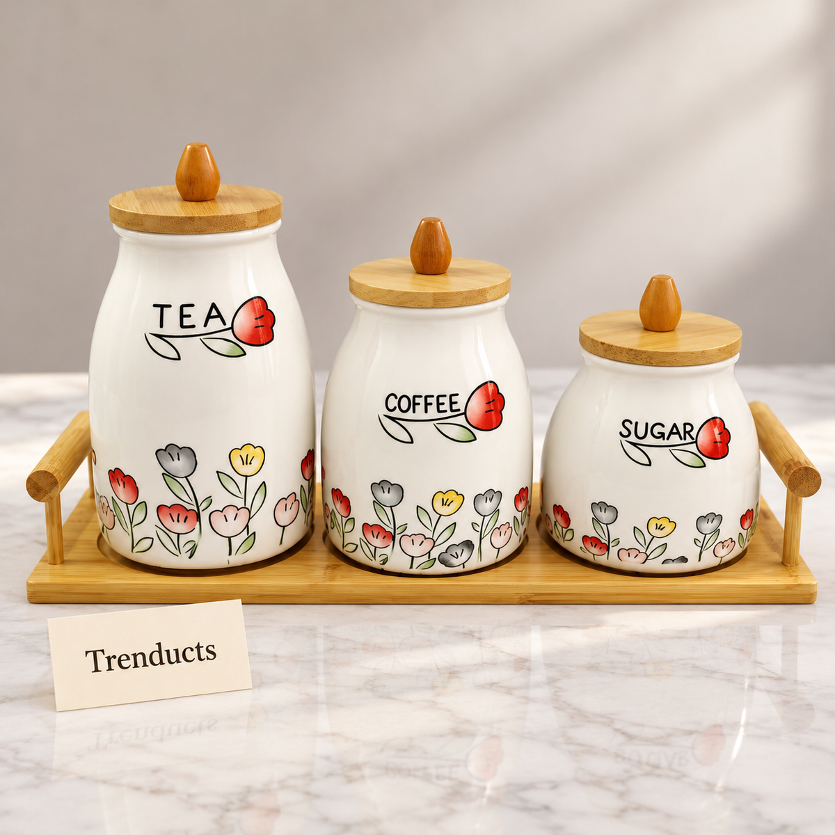 Premium Floral Tea Coffee Sugar Canister Jars Set - 3 Sizes with Bamboo Tray