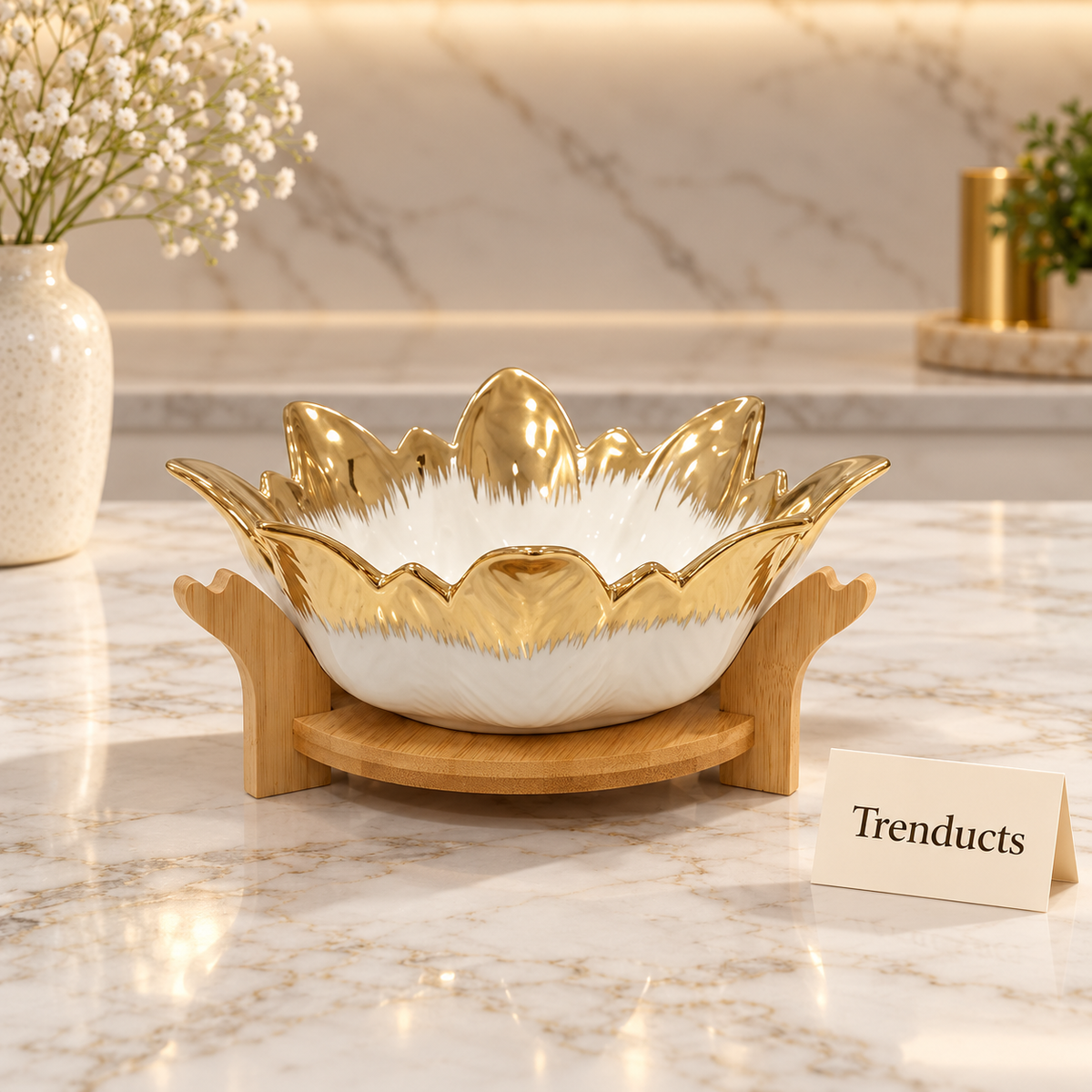 Flora Design Ceramic Fruit Bowl with Bamboo Stand - Gold Petal Rim