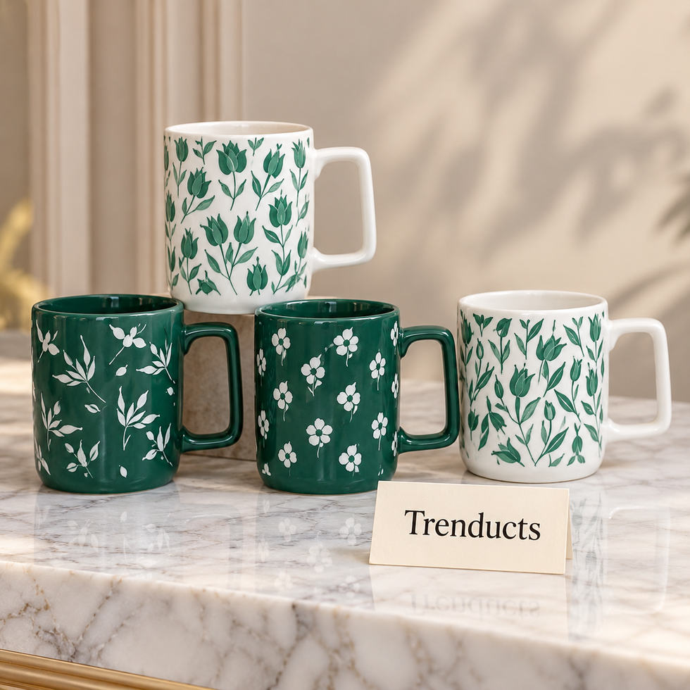 Green Floral Mug 450 ml - Square Handle (Random Design)