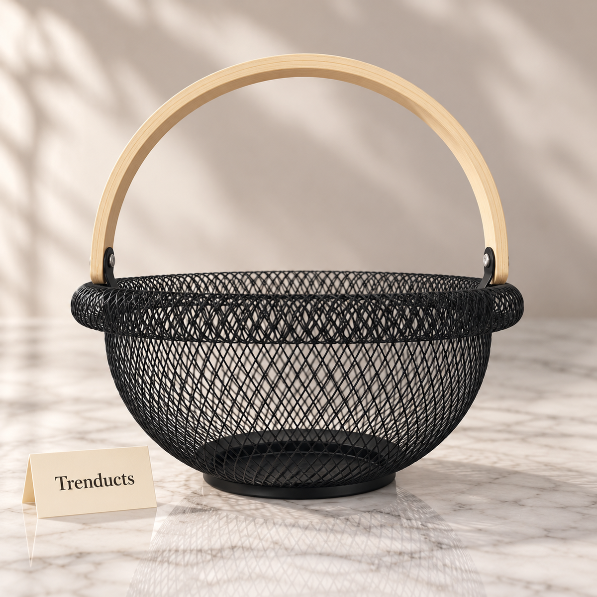 Metal Fruit Basket - Black Mesh with Wooden Handle