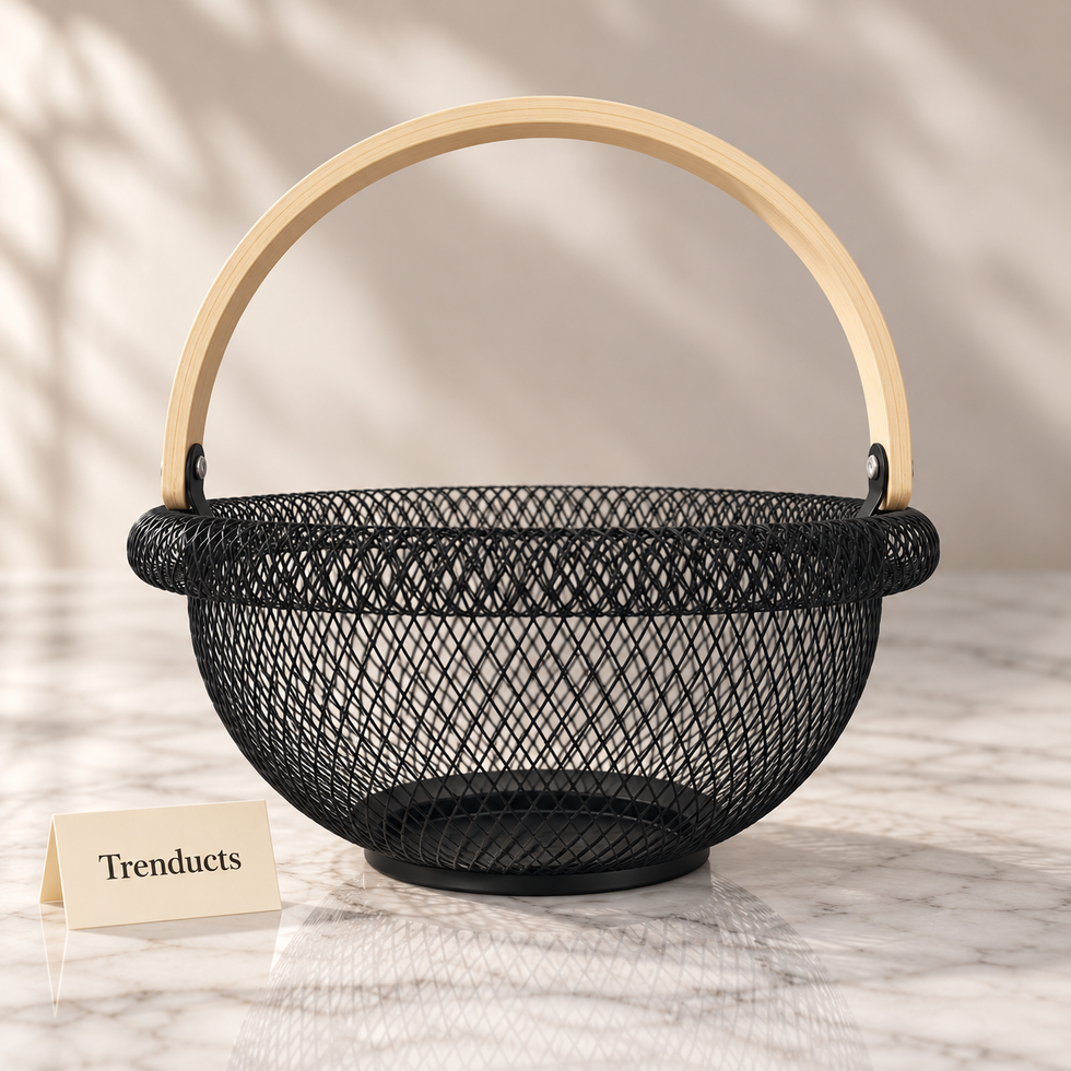 Metal Fruit Basket - Black Mesh with Wooden Handle