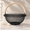 Metal Fruit Basket - Black Mesh with Wooden Handle