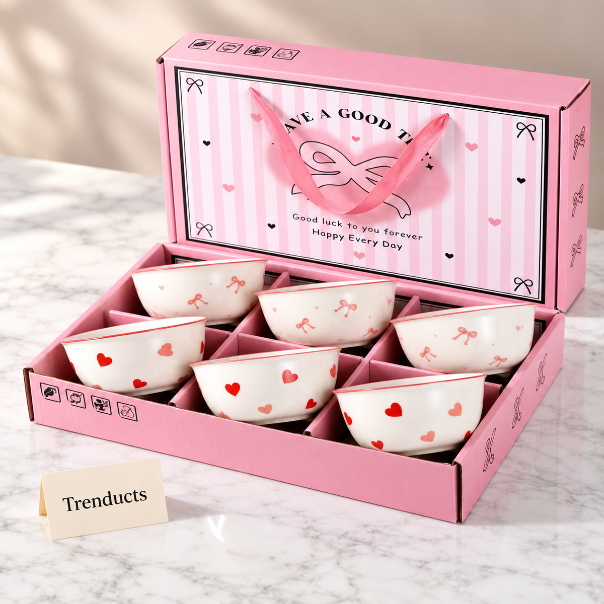 Heart and Bow Bowl Gift Set of 6 - Pink Box
