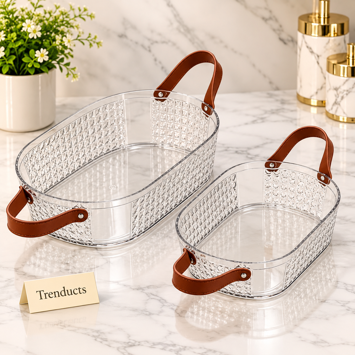 Acrylic Storage Basket - Clear Oval Organiser with Handles