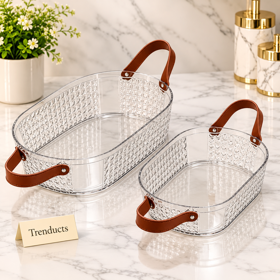 Acrylic Storage Basket - Clear Oval Organiser with Handles