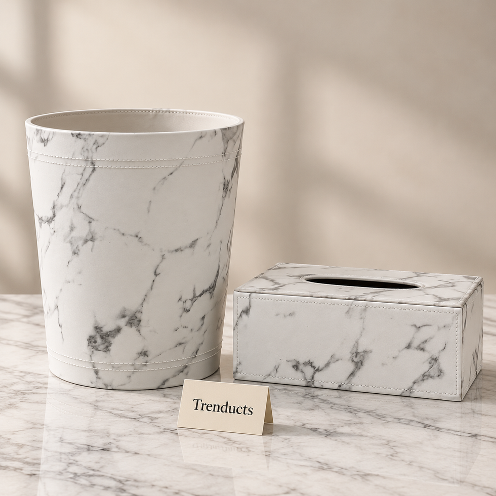 Luxury Marble Print Tissue Box & Dustbin - White and Grey