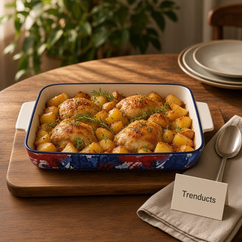 Blue floral ceramic baking dish with baked pasta on a dining table - Trenducts