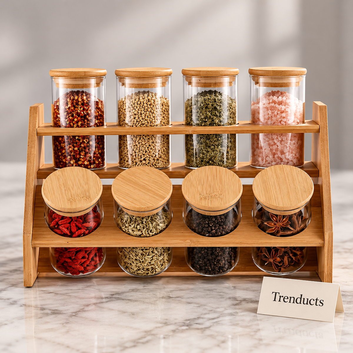 Luxury Spice Jar Rack - 2 Tier Bamboo with 8 Round Lid Jars