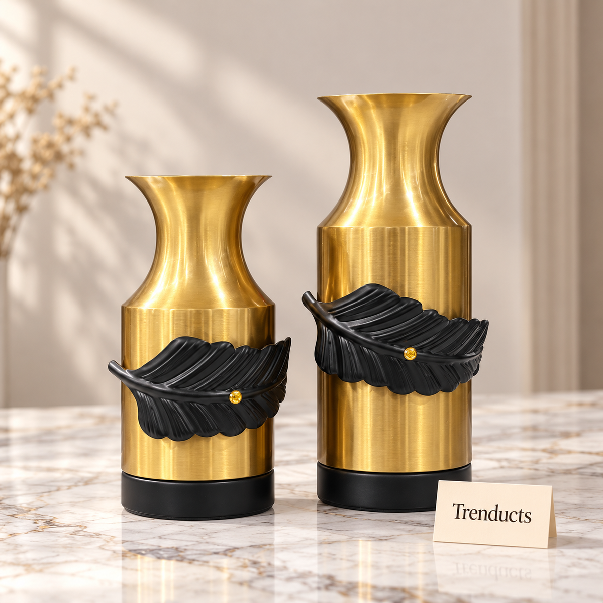 Metal Vase - Brushed Gold Bottle with Black Leaf