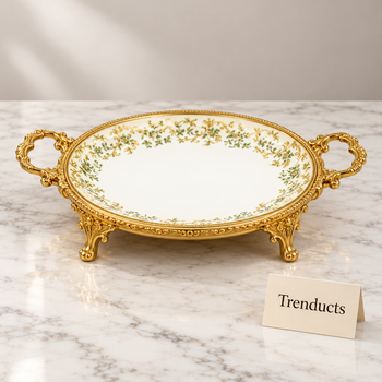 Round Floral Serving Tray white with green gold border on marble | Trenducts