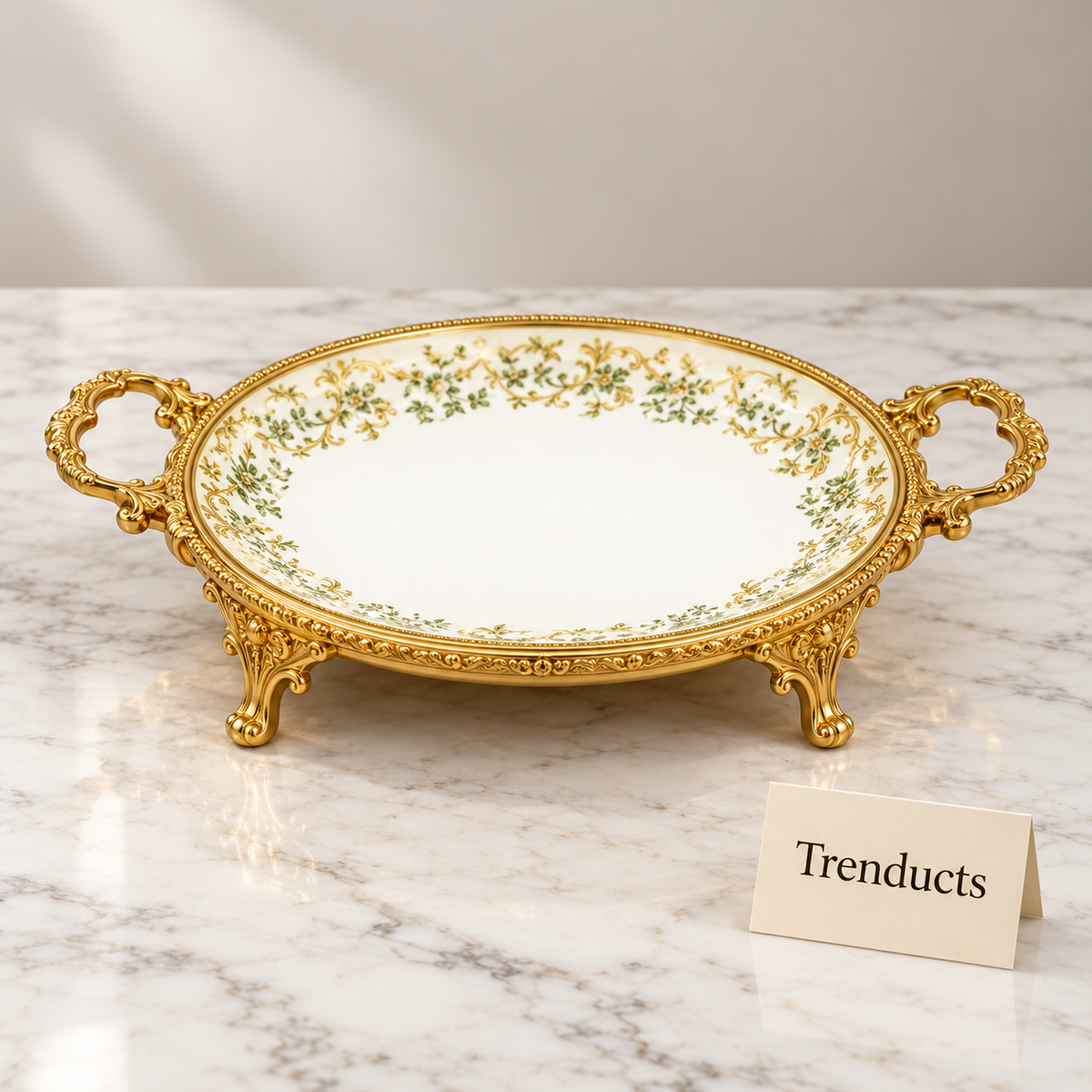Brilliant Round Floral Serving Tray - Green Border
