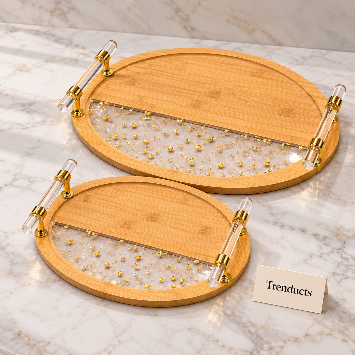 Elegant Round Wooden Serving Tray Set of 2 - Acrylic