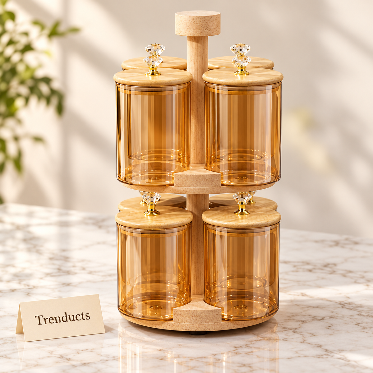 Premium Rotating Glass Storage Jars 8 Pcs Set with Wooden Stand and Diamond Knobs