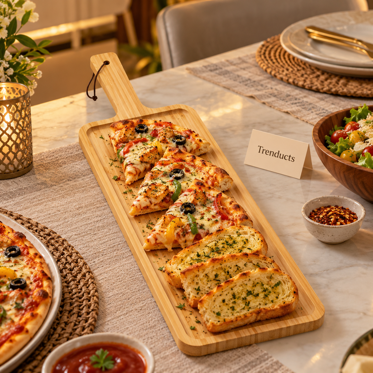 Bamboo Pizza Board - Long Paddle with Handle 40 x 14 cm