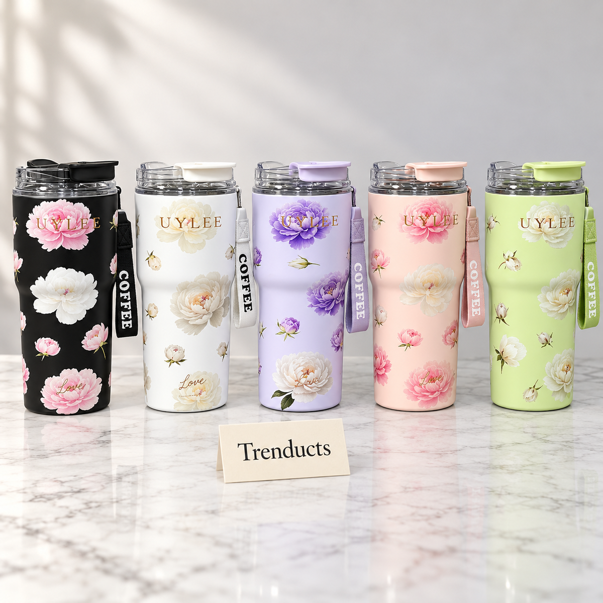 Flower Coffee Cup Sipper 500ml - Steel Tumbler with Straw