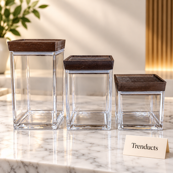 Square Acrylic Canister luxury styled photo on marble with Trenducts card - view 1