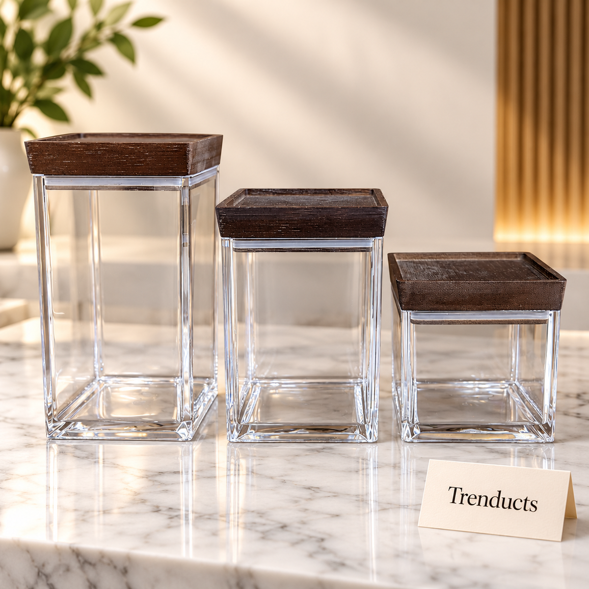 Square Acrylic Canister with Flat Dark Wood-Finish Lid