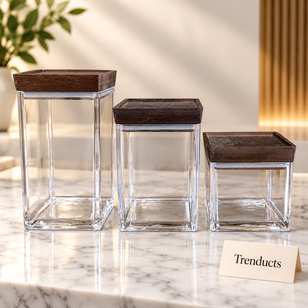 Square Acrylic Canister with Flat Dark Wood-Finish Lid