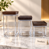 Square Acrylic Canister with Flat Dark Wood-Finish Lid