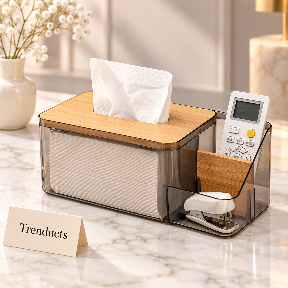 Acrylic Tissue Box Organizer with Side Compartment and Wood-Look Lid
