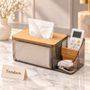 Acrylic Tissue Box Organizer with Side Compartment and Wood-Look Lid