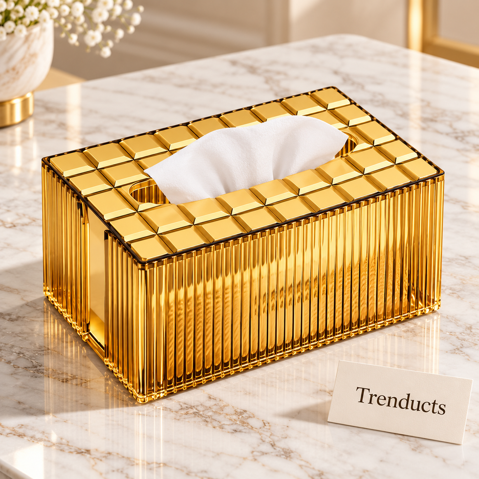 Luxury Gold Ribbed Tissue Box with Grid Pattern Lid