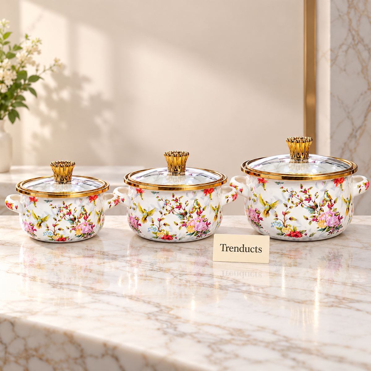 Enamel Casserole Set 3 Pcs - Hummingbird Glass Lids