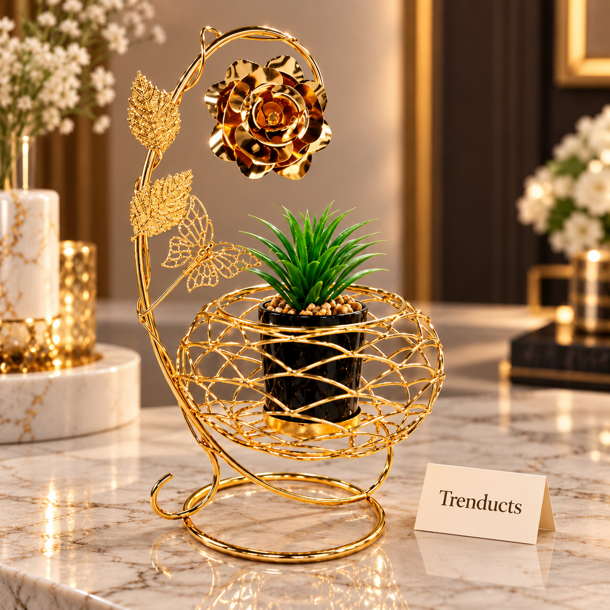 Gold Rose Butterfly Arc Metal Flower Pot Stand