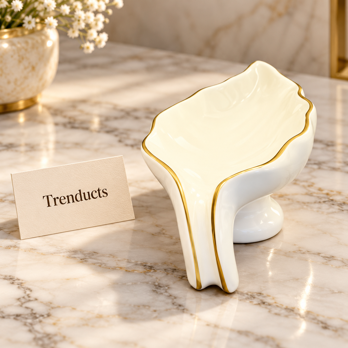 Brilliant Leaf Soap Dish - Cream Porcelain with Gold Edge