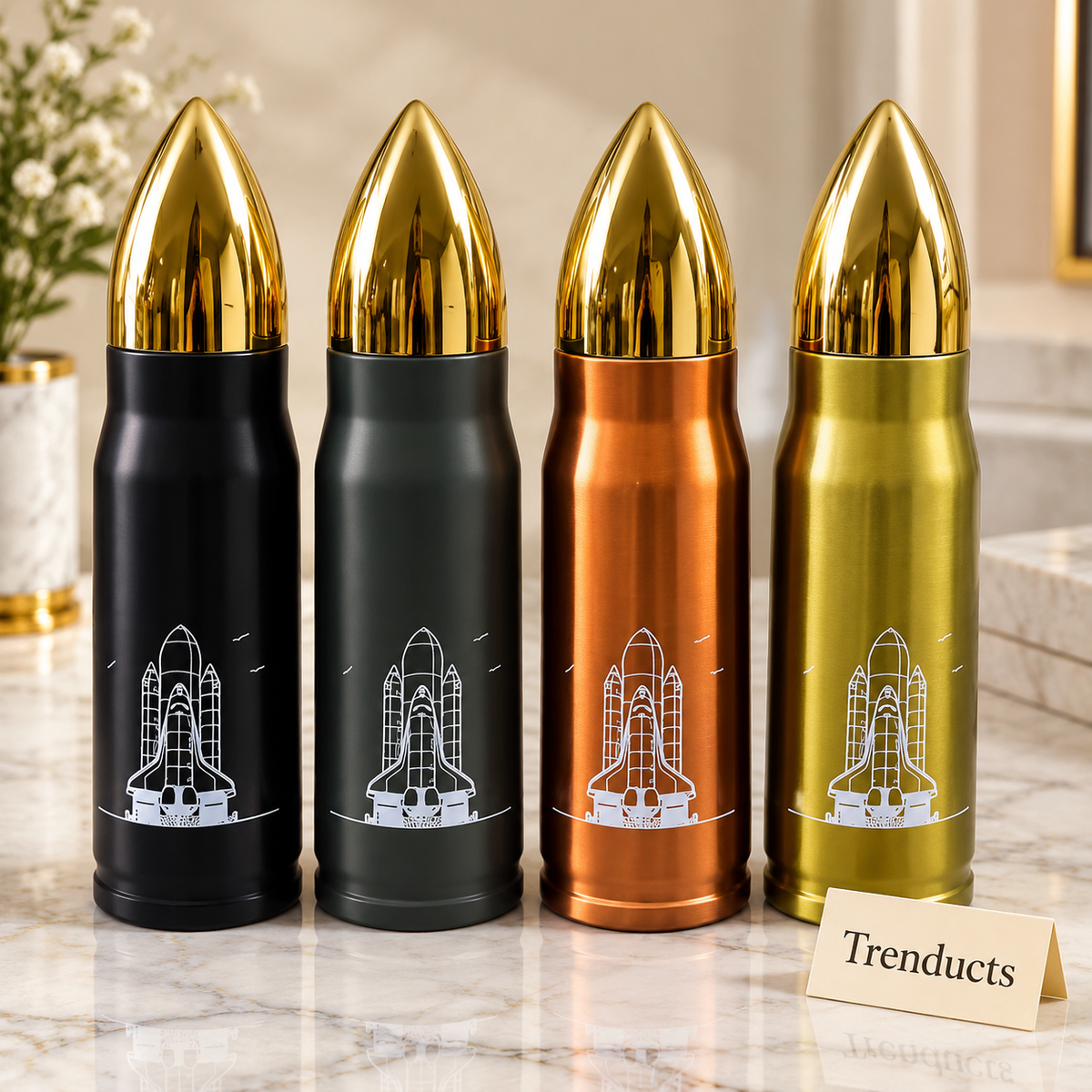 Bullet Stainless Steel Bottle - Gold Cap Rocket Print Flask (Random)