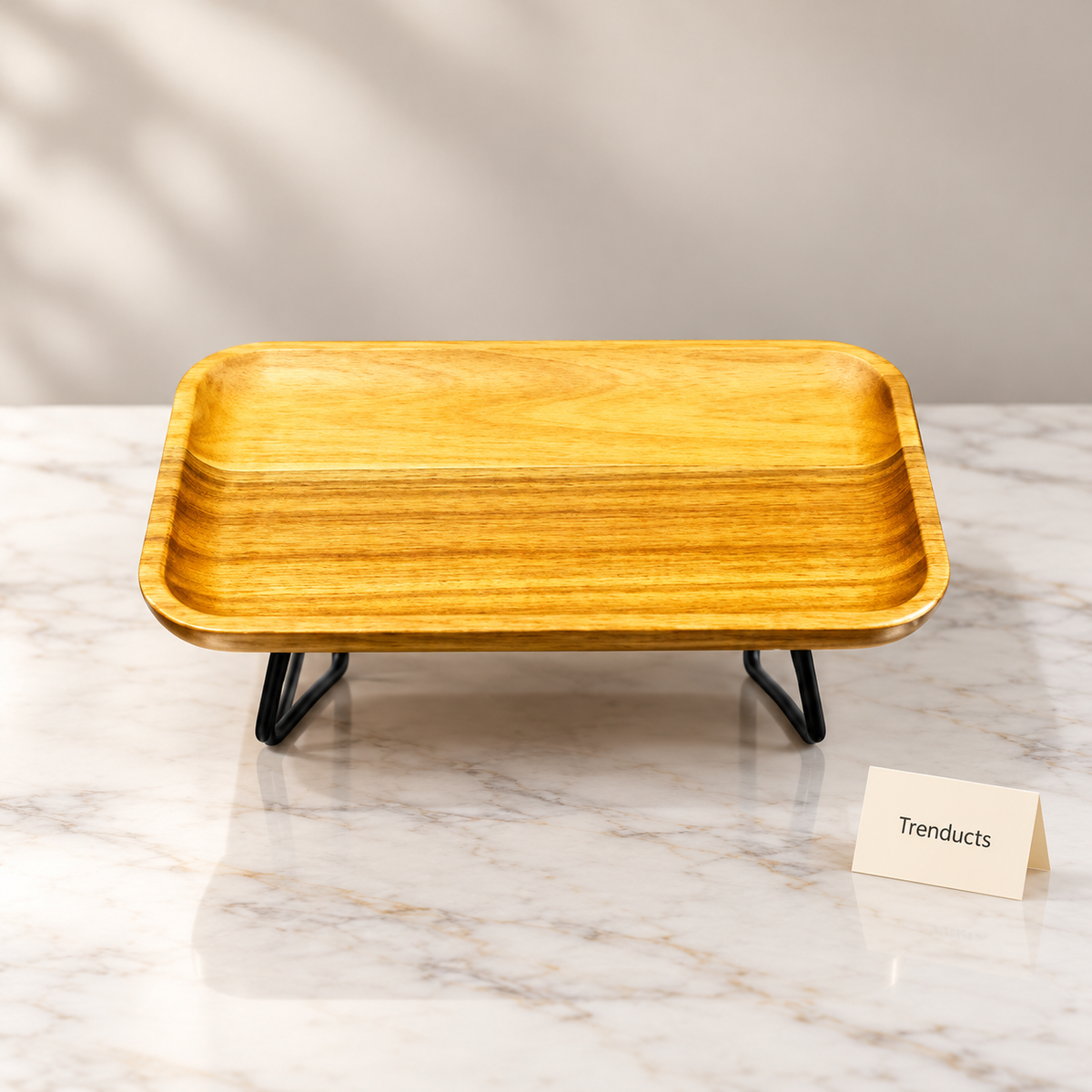 Wooden Serving Tray - Natural Wood with Black Metal Stand
