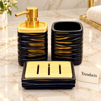 Square bathroom set 3 piece - Black Ribbed with Bamboo styled on a marble counter | Trenducts