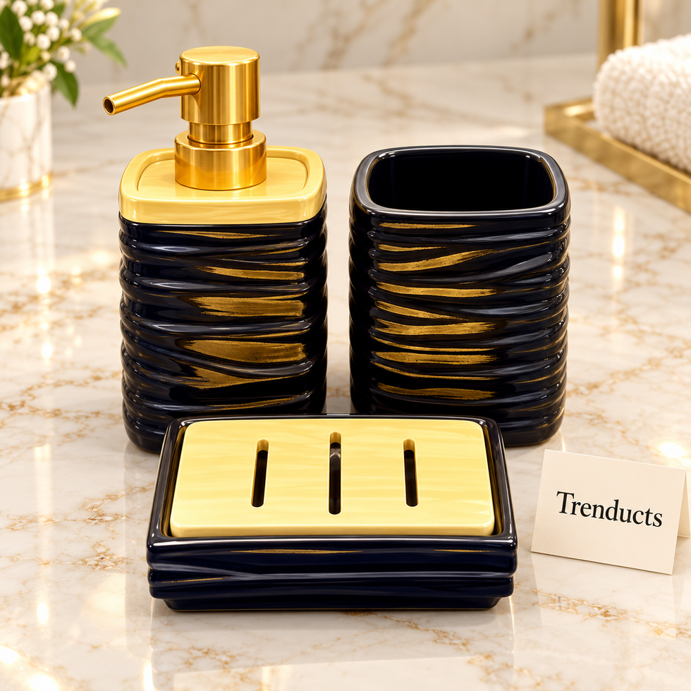 Brilliant Square Bathroom Set 3 Piece - Black Ribbed with Bamboo