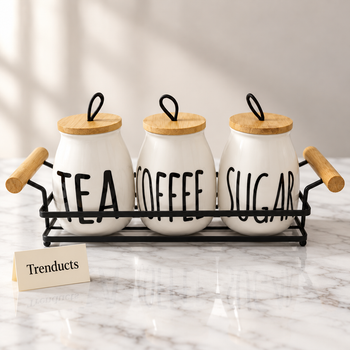 Tea Coffee Sugar Canisters with Stand on white marble | Trenducts