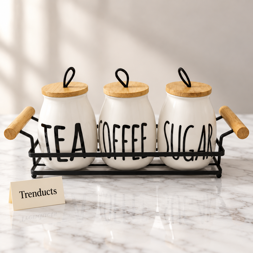 Luxury Ceramic Tea Coffee Sugar Canisters Set with Black Metal Stand