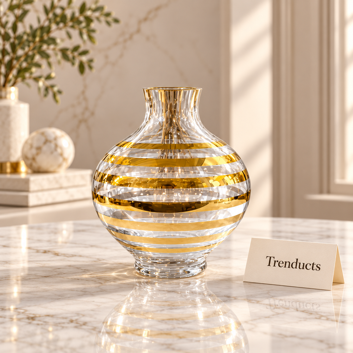Luxury Gold Stripe Glass Vase - Round Clear Bubble Vase Without Flowers