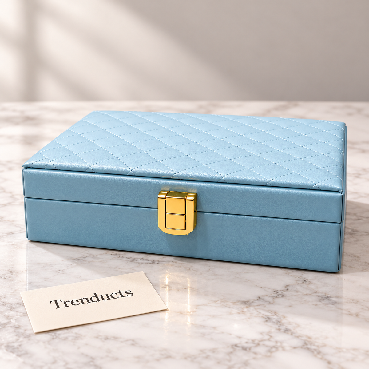 Jewelry Box - Powder Blue Quilted Leather with Gold Lock