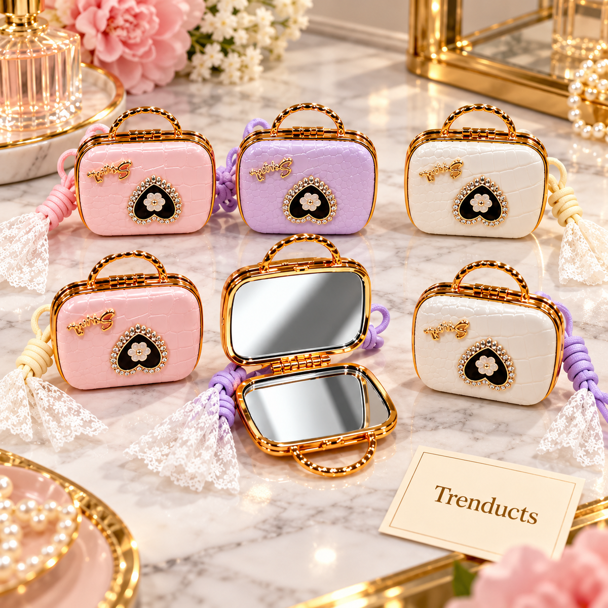 Handbag Shaped Cosmetic Pocket Mirror with Heart Charm and Strap (each)