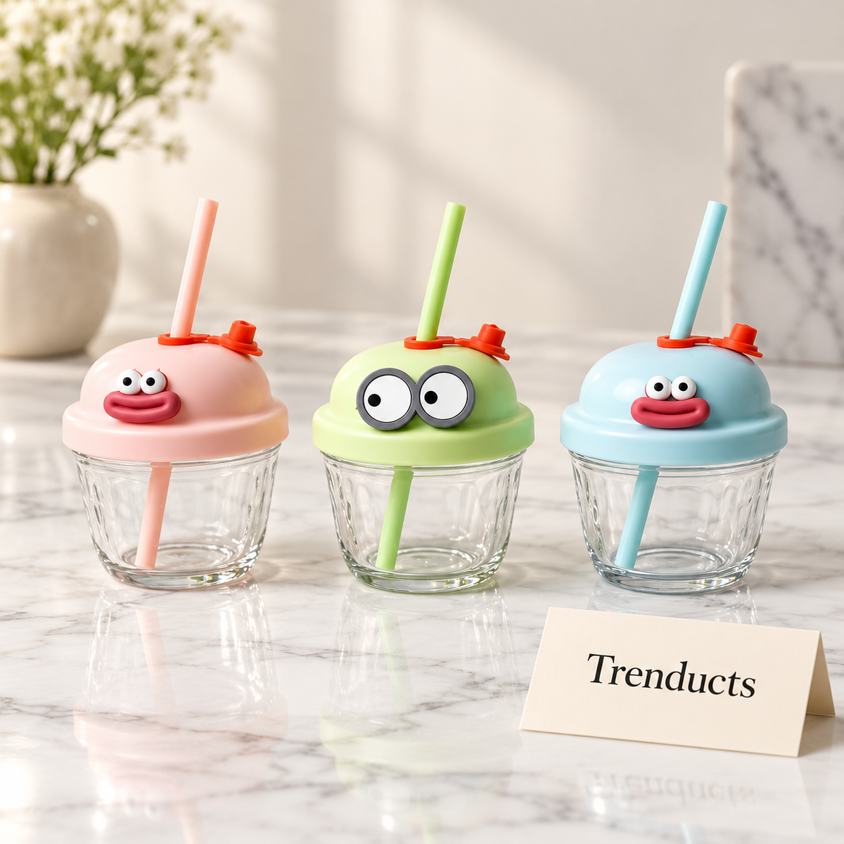210ml Mini Glass Sipper with Cute Character Lid and Straw (Random Color)