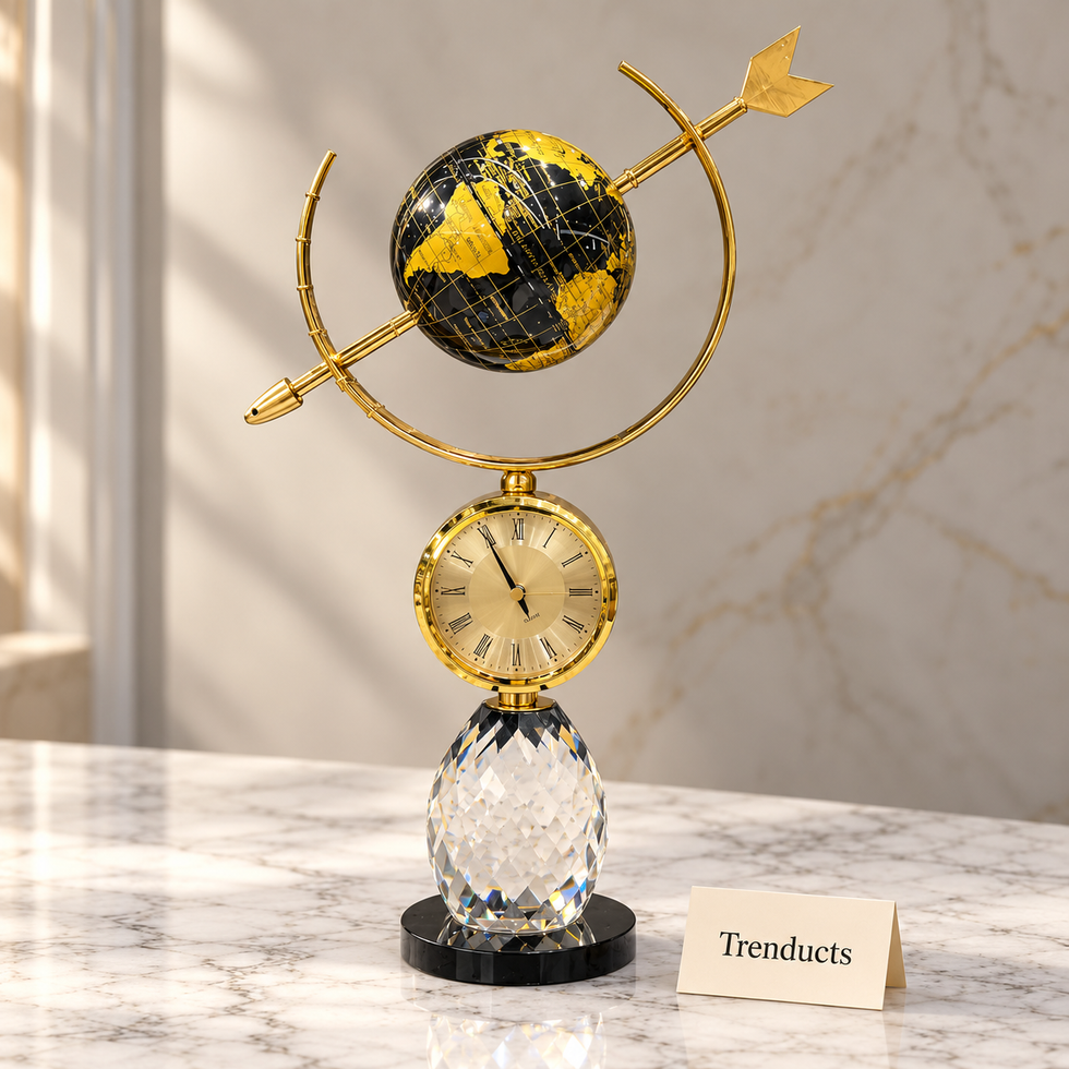 Metal Globe Clock - Black and Gold with Crystal Base
