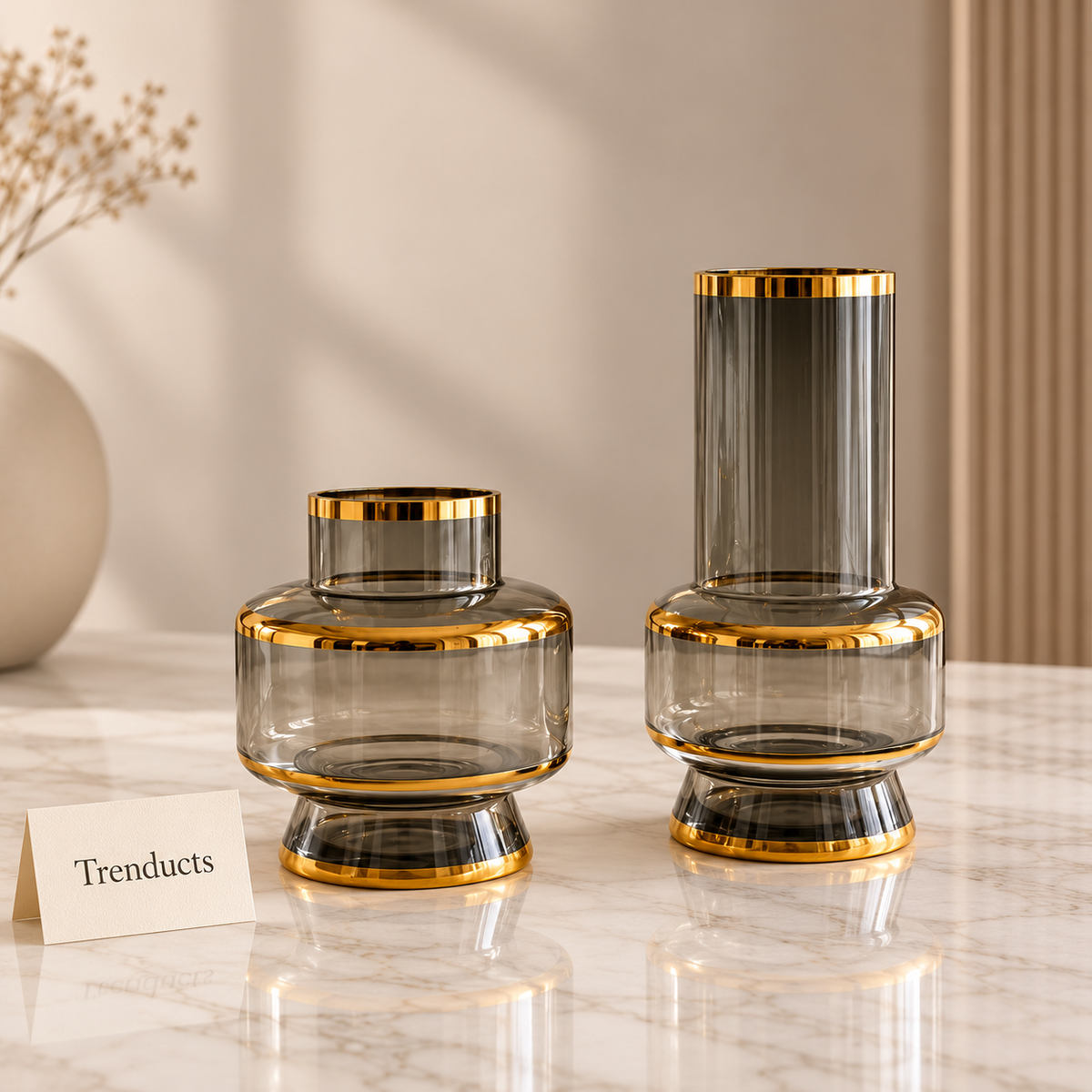 Gold Rim Grey Glass Vase - Pedestal Base