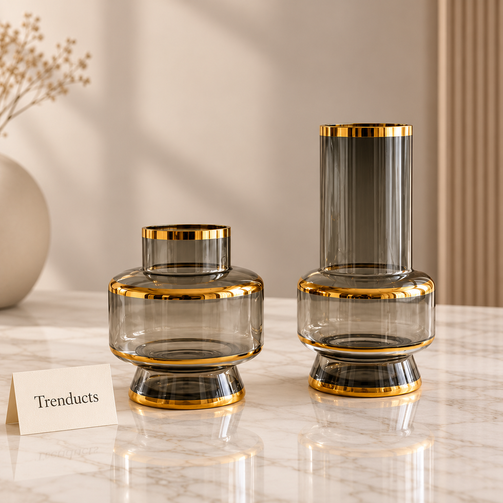 Gold Rim Grey Glass Vase - Pedestal Base